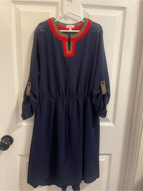 Monteau Navy Dress with Red and Olive Trim Accents
